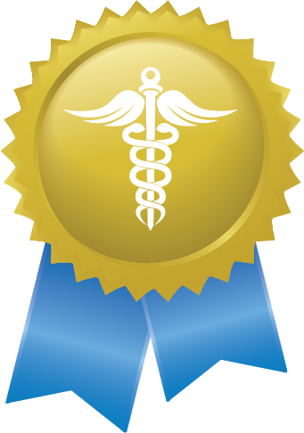 Gold medal with caduceus and blue ribbon.